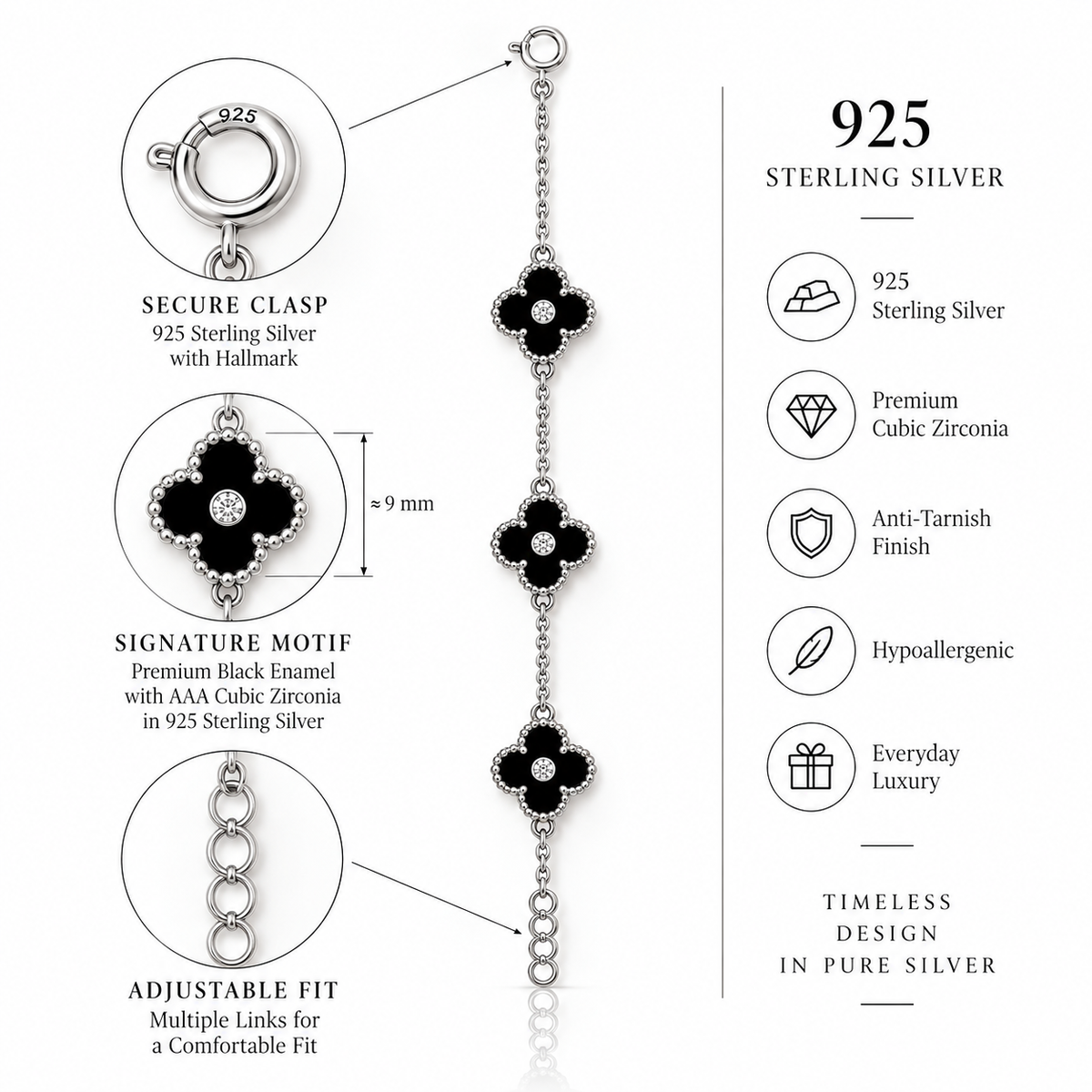 Noir clover Bracelet for Men & Women| 925 Sterling Silver